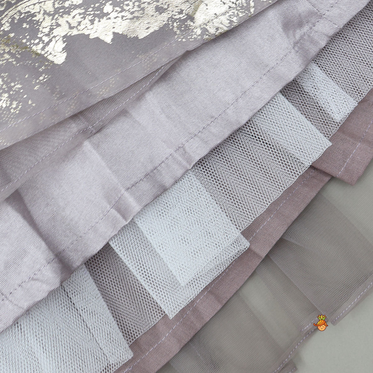 V-Neck Foil Printed Top And Layered Lehenga