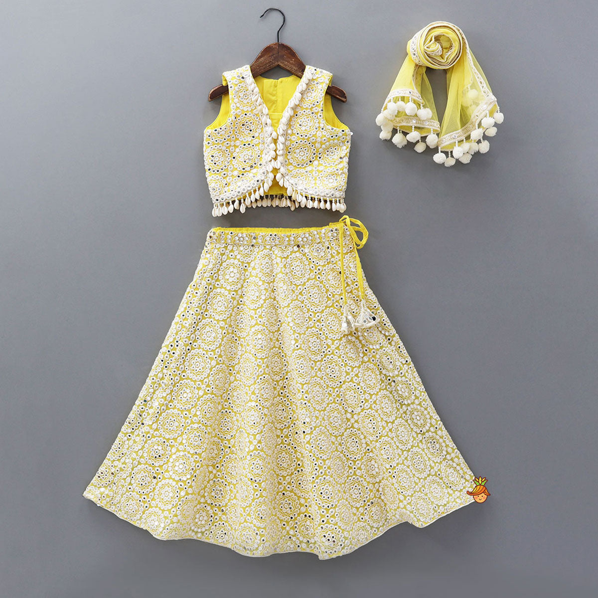 Heavy Faux Mirror Work Top And Lehenga With Matching Net Dupatta