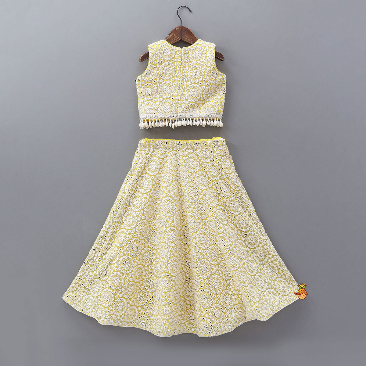 Heavy Faux Mirror Work Top And Lehenga With Matching Net Dupatta