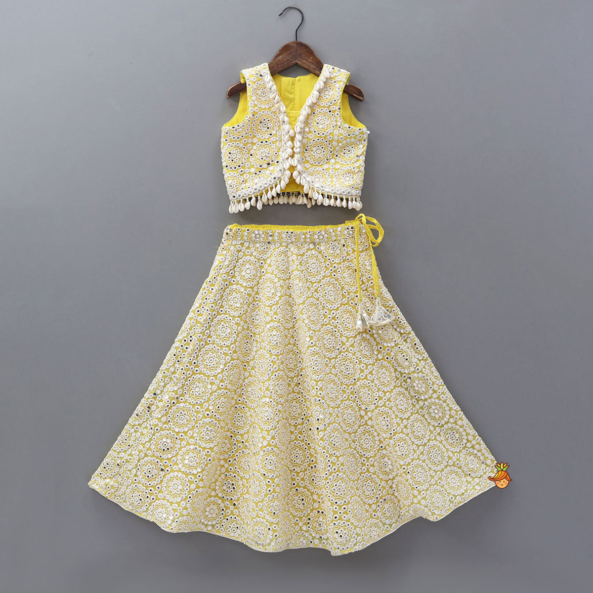 Heavy Faux Mirror Work Top And Lehenga With Matching Net Dupatta