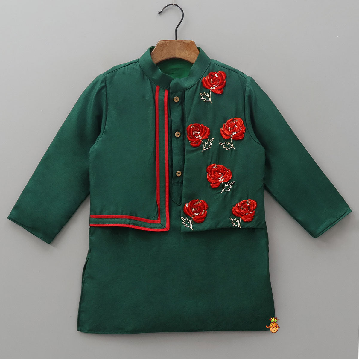 3D Flower Embroidered Jacket-Style Kurta And Pyjama