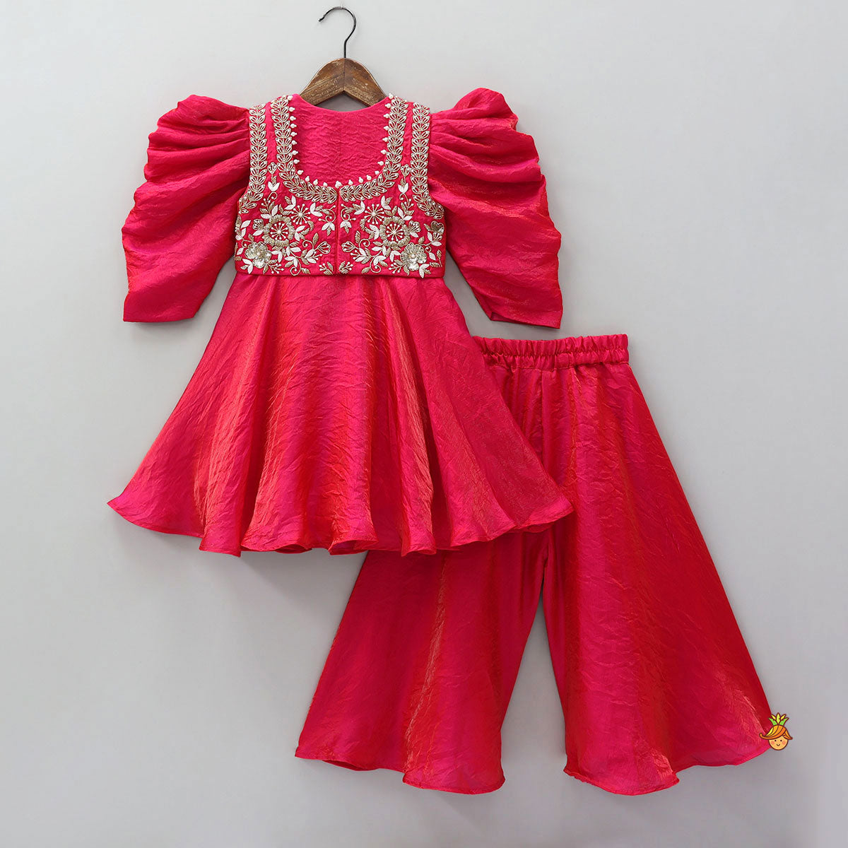 Adorable Shimmery Kurti With Embroidered Jacket And Flared Palazzo