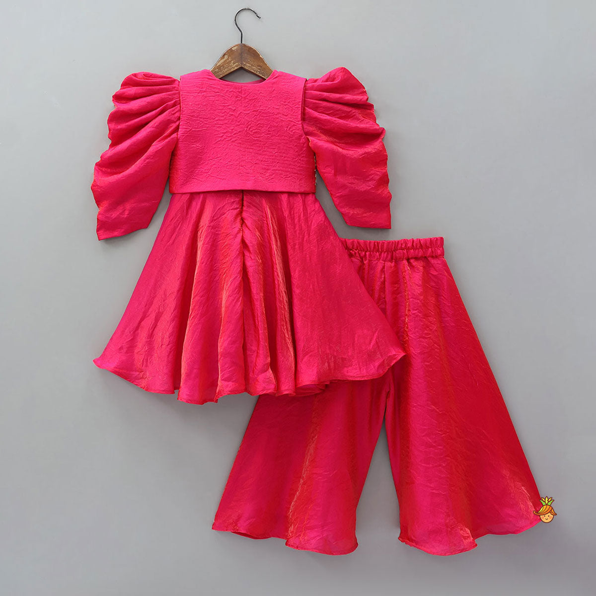 Adorable Shimmery Kurti With Embroidered Jacket And Flared Palazzo