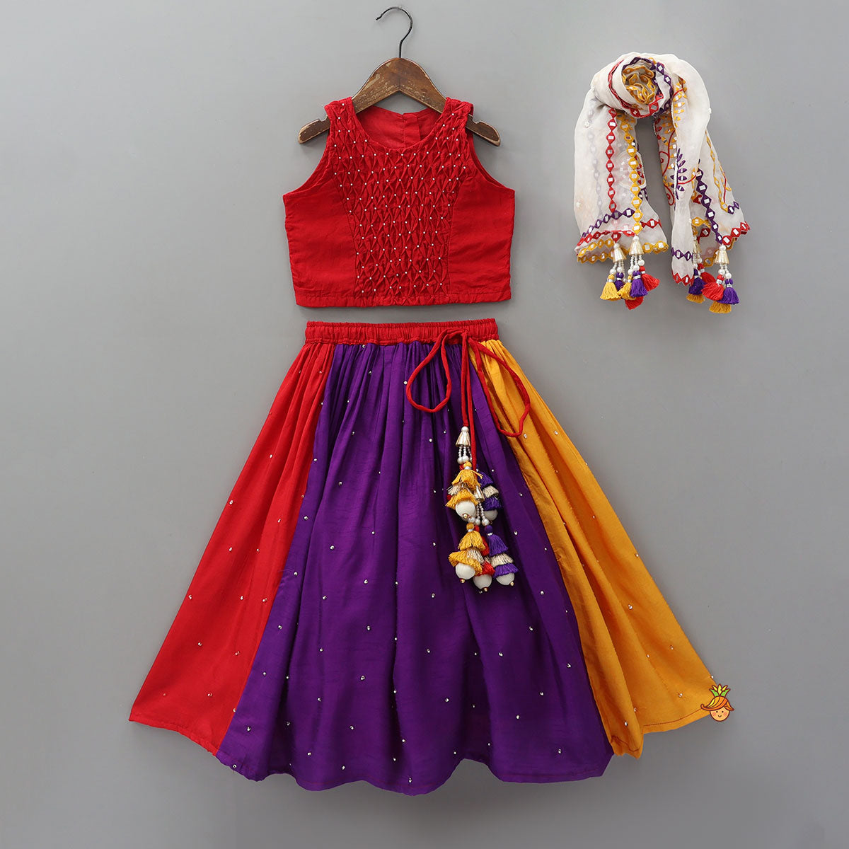 Elegant Top And Multi-Panel Colour-Block Lehenga With Mirror Work Dupatta