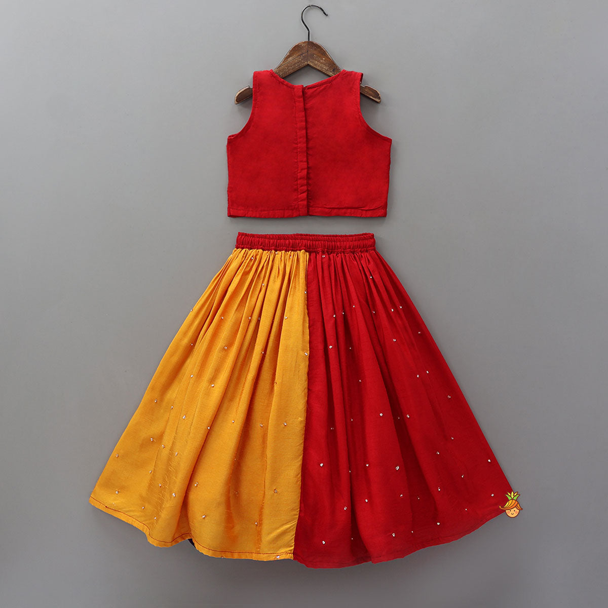 Elegant Top And Multi-Panel Colour-Block Lehenga With Mirror Work Dupatta