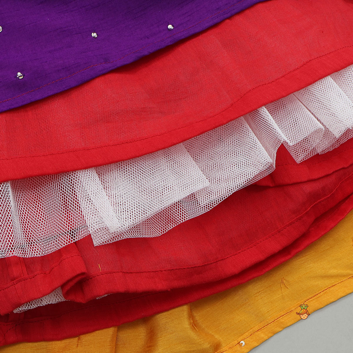 Elegant Top And Multi-Panel Colour-Block Lehenga With Mirror Work Dupatta