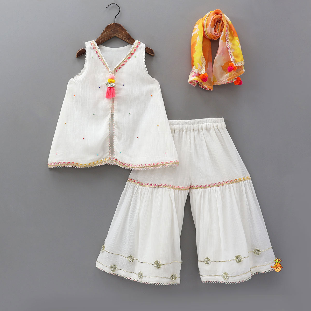 Front Slit Kurti And Matching Flared Sharara With Contrasting Dupatta