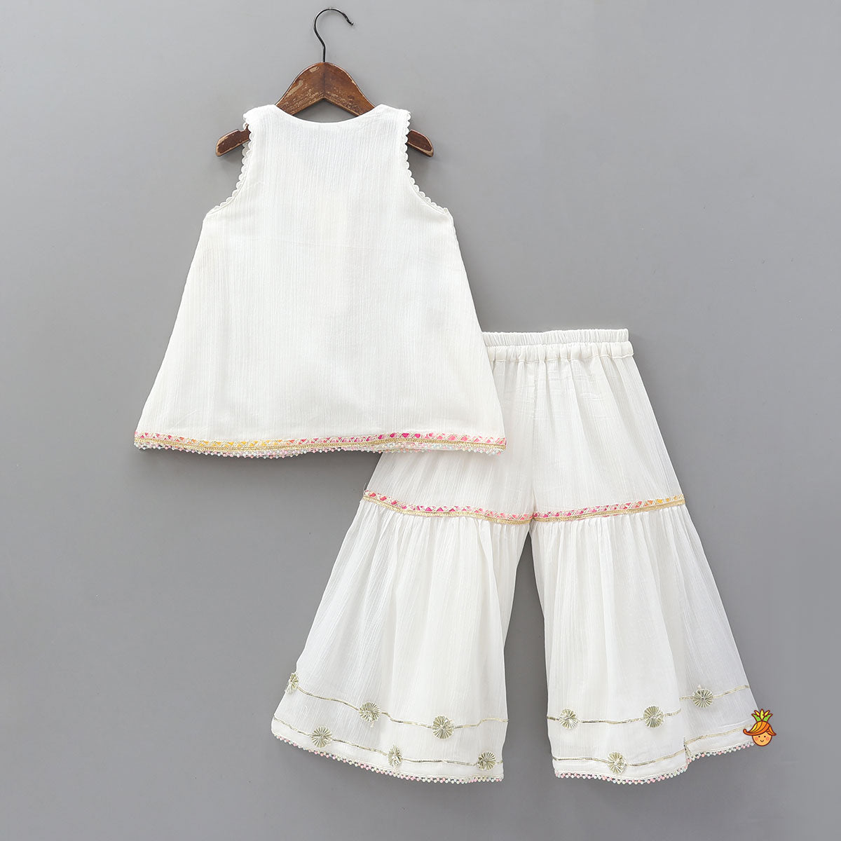 Front Slit Kurti And Matching Flared Sharara With Contrasting Dupatta