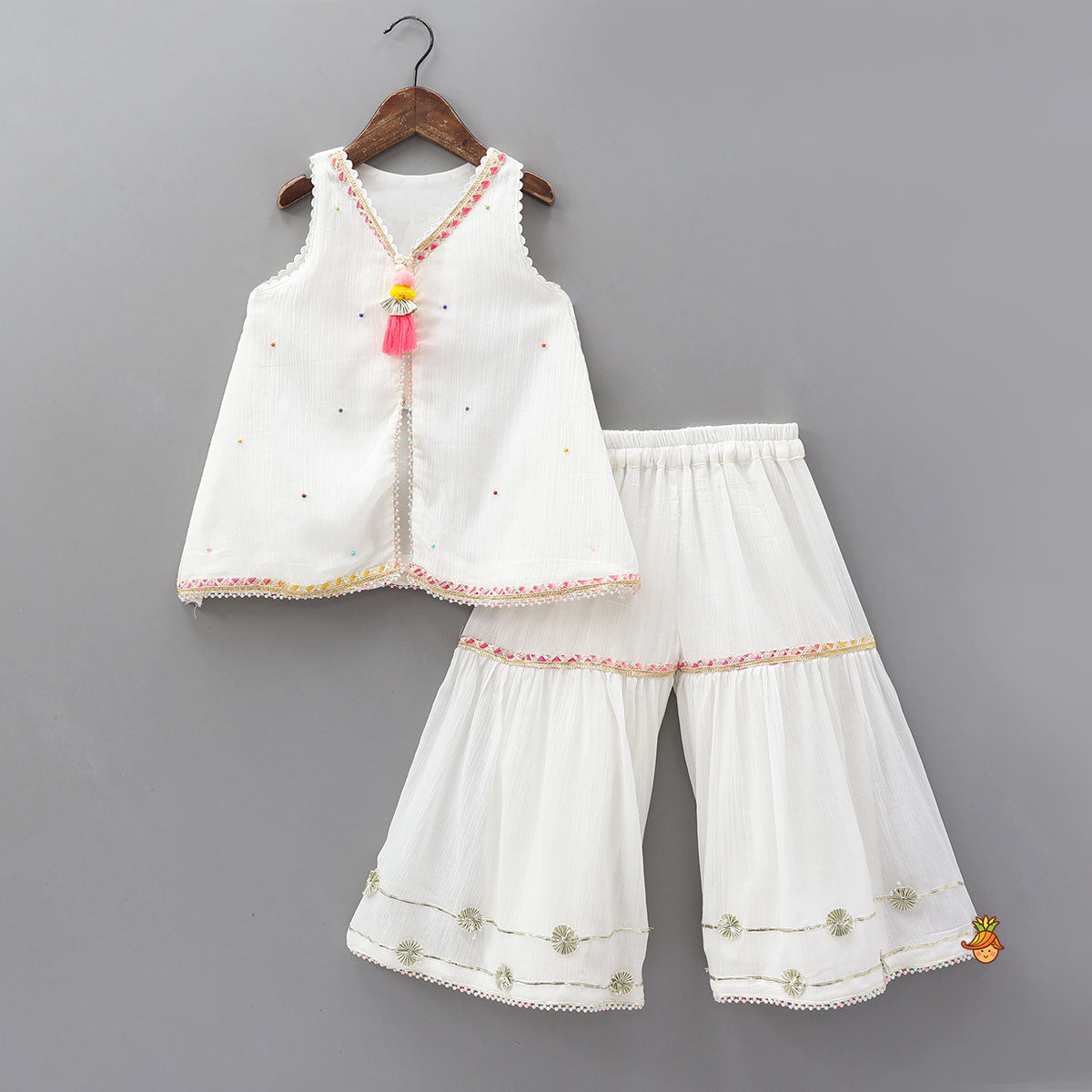 Front Slit Kurti And Matching Flared Sharara With Contrasting Dupatta