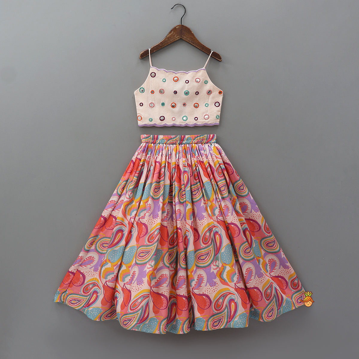 Faux Mirror Work Strappy Top And Printed Lehenga