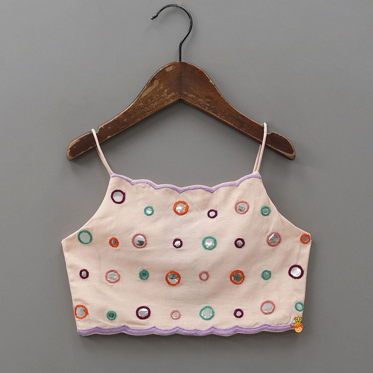 Faux Mirror Work Strappy Top And Printed Lehenga