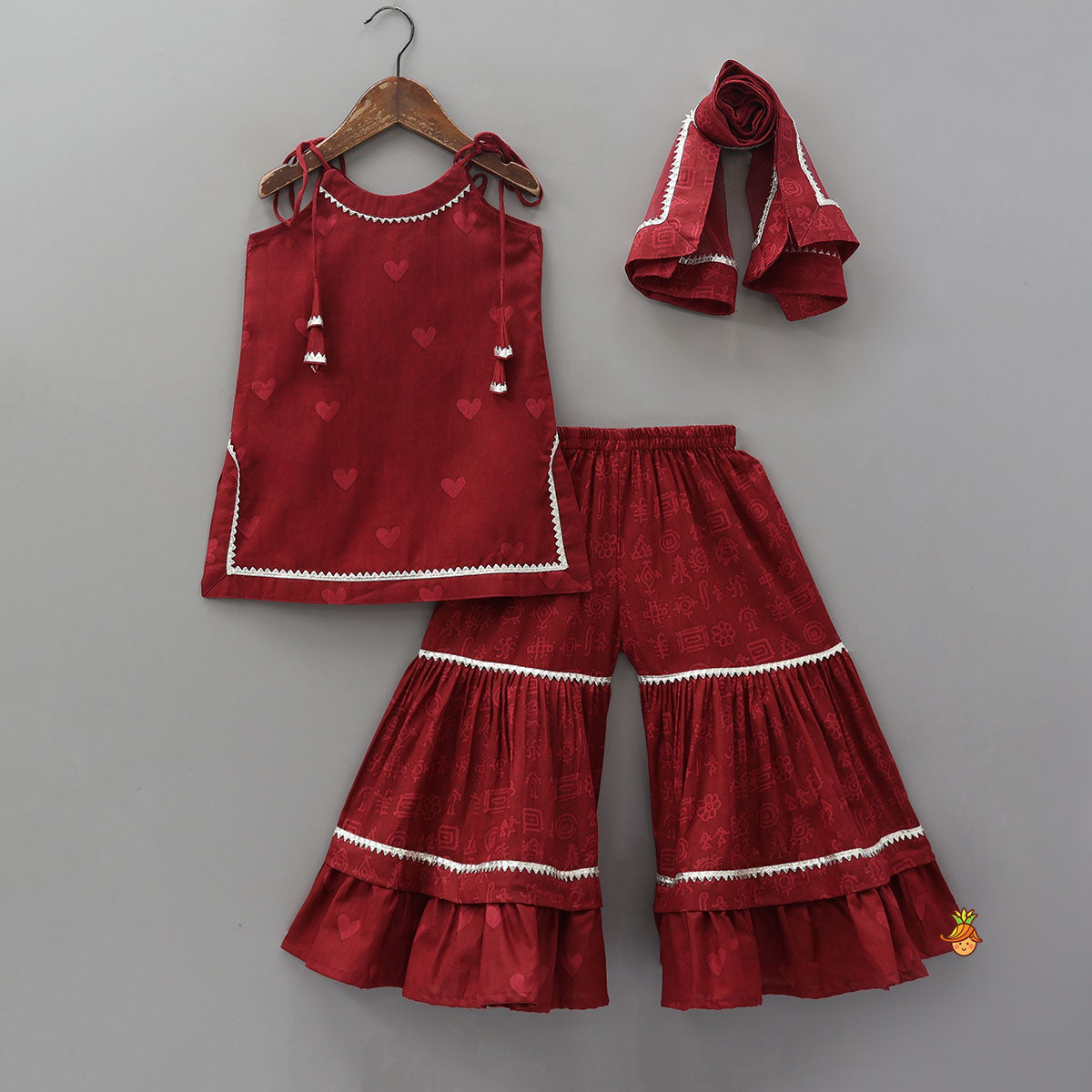 Heart Printed Strappy Kurti And Layered Sharara With Matching Dupatta