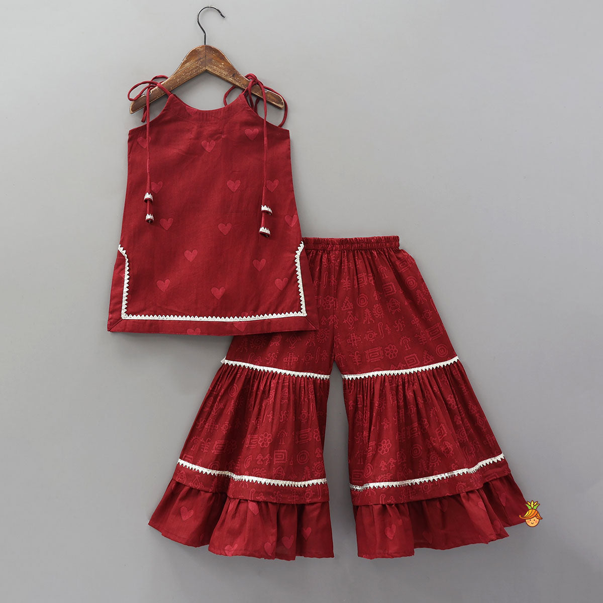 Heart Printed Strappy Kurti And Layered Sharara With Matching Dupatta