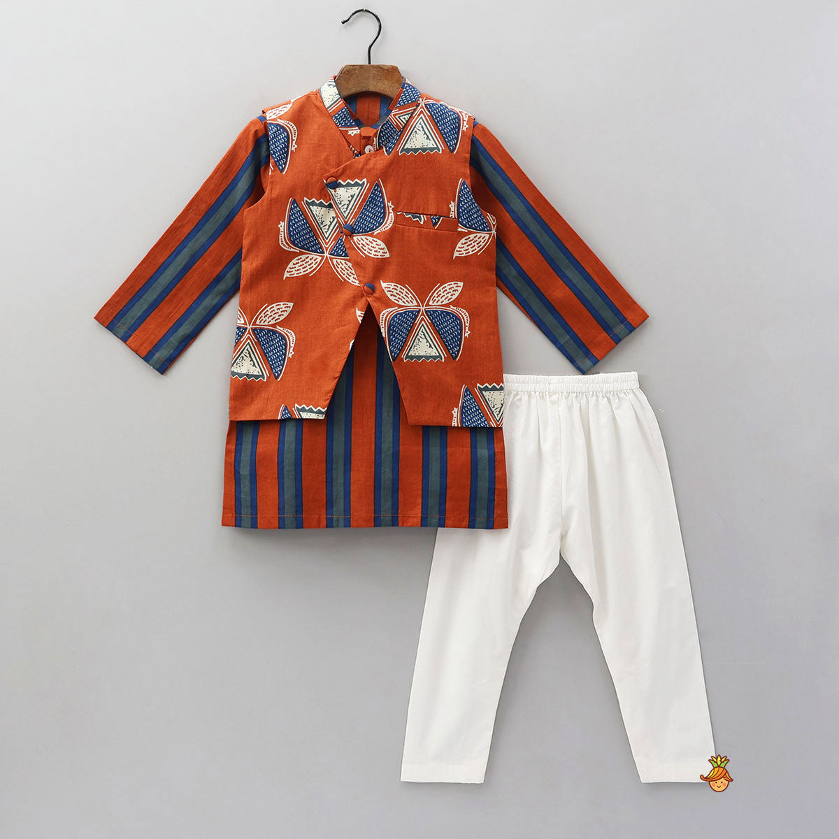 Vertical Striped Ethnic Kurta With Printed Jacket And Pyjama