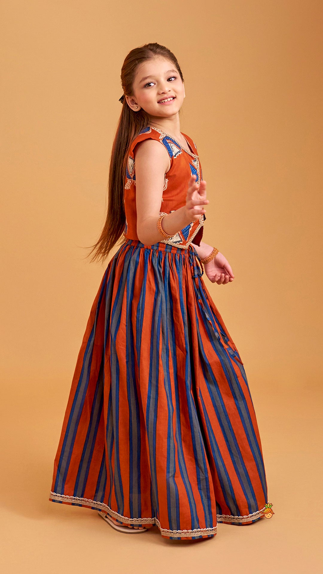 Faux Pocket Printed Top And Striped Lehenga