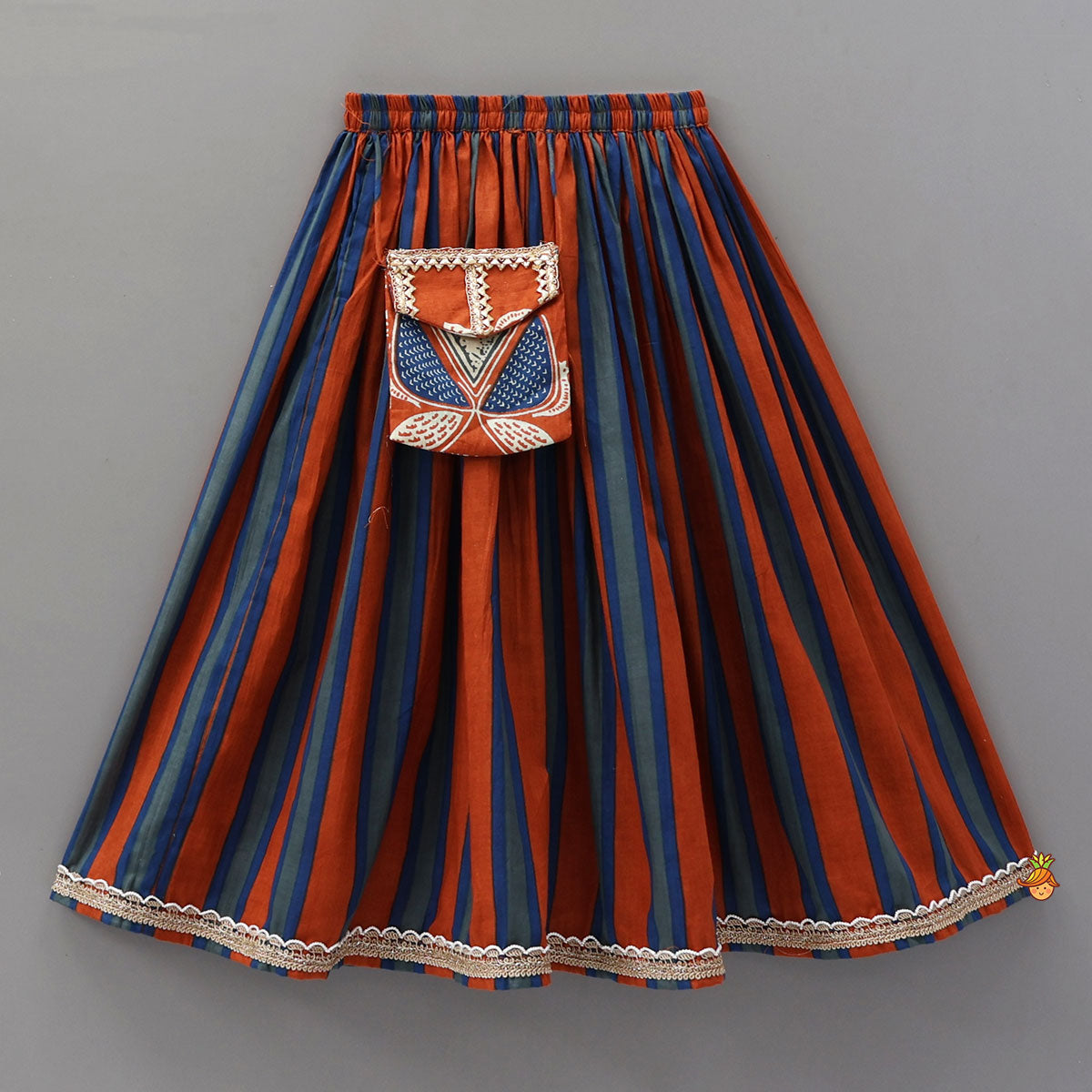 Faux Pocket Printed Top And Striped Lehenga