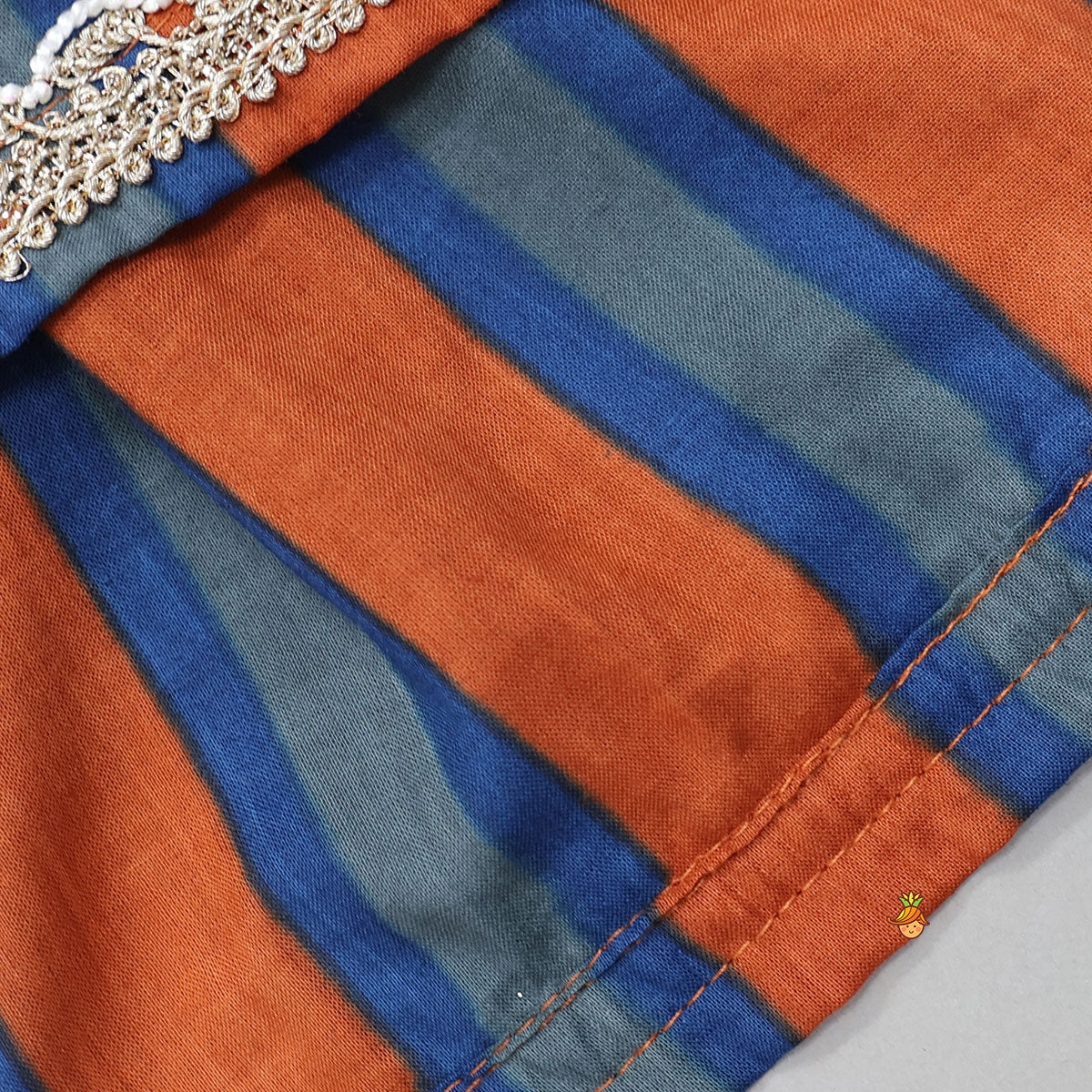 Faux Pocket Printed Top And Striped Lehenga