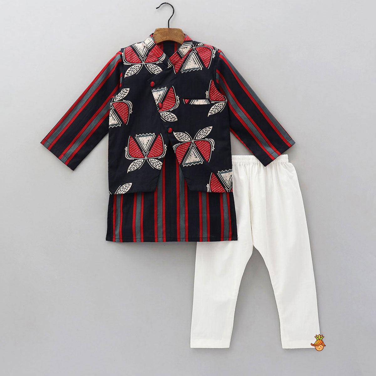 Vertical Striped Kurta With Printed Jacket And Pyjama