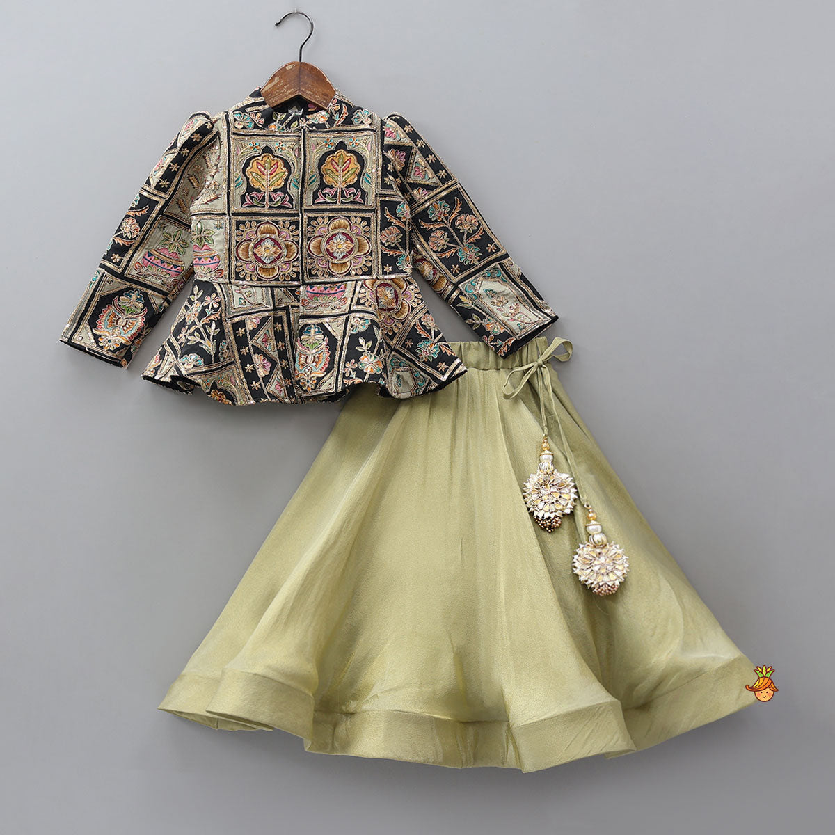 Ethnic Floral Printed And Embroidered Peplum Top With Lehenga