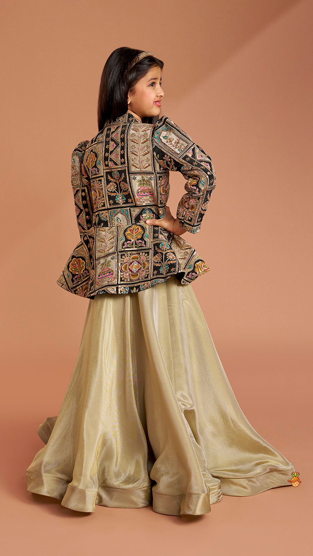 Ethnic Floral Printed And Embroidered Peplum Top With Lehenga