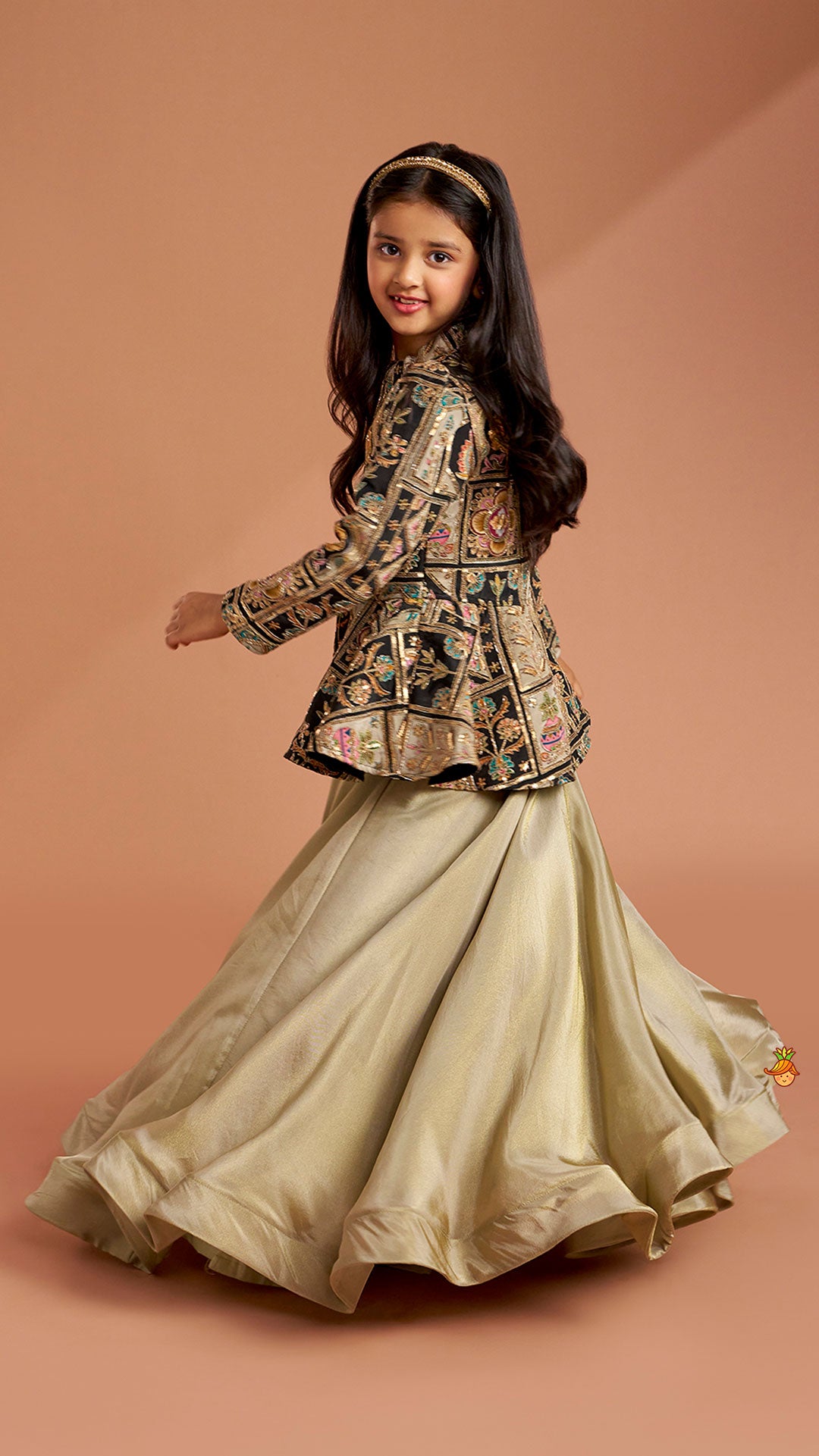 Ethnic Floral Printed And Embroidered Peplum Top With Lehenga