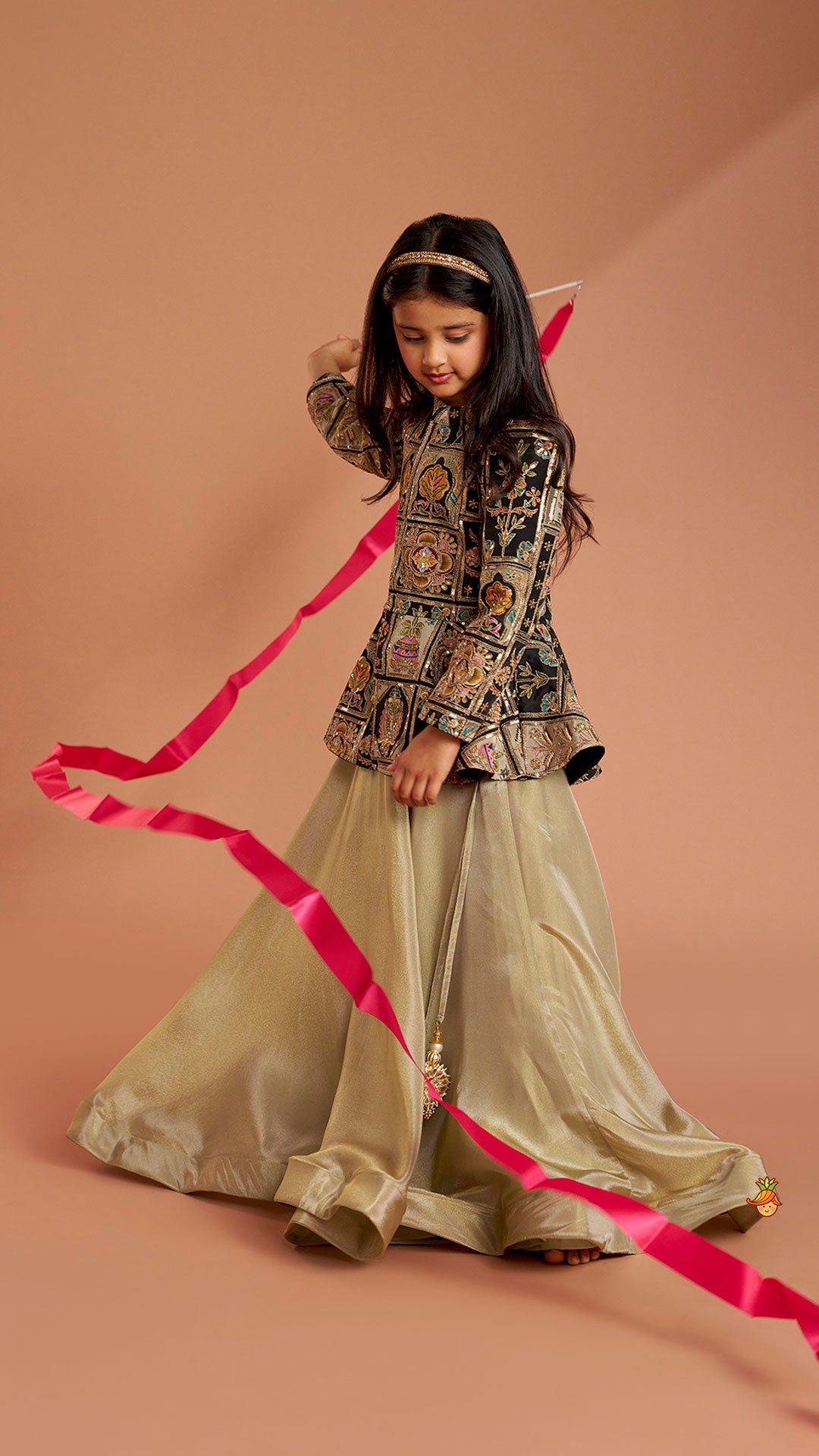 Ethnic Floral Printed And Embroidered Peplum Top With Lehenga