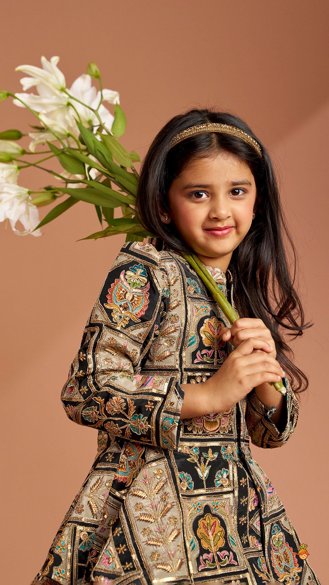 Ethnic Floral Printed And Embroidered Peplum Top With Lehenga