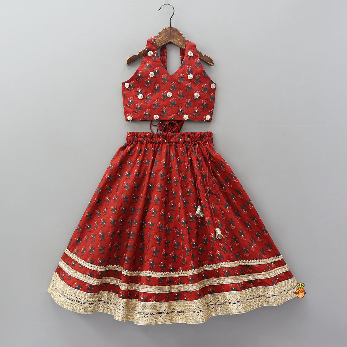 Floral Embellished Halter Neck Top And Lehenga