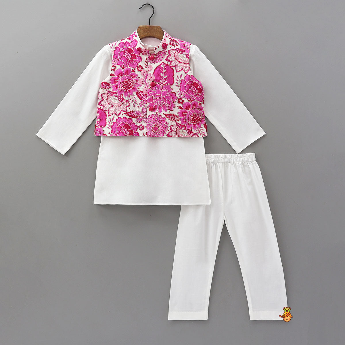 Ethnic Kurta With Adorable Floral Work Jacket And Pyjama