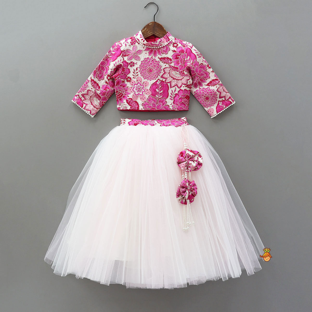 Stand Collar Elegant Top And Floral Tassels Embellished Lehenga