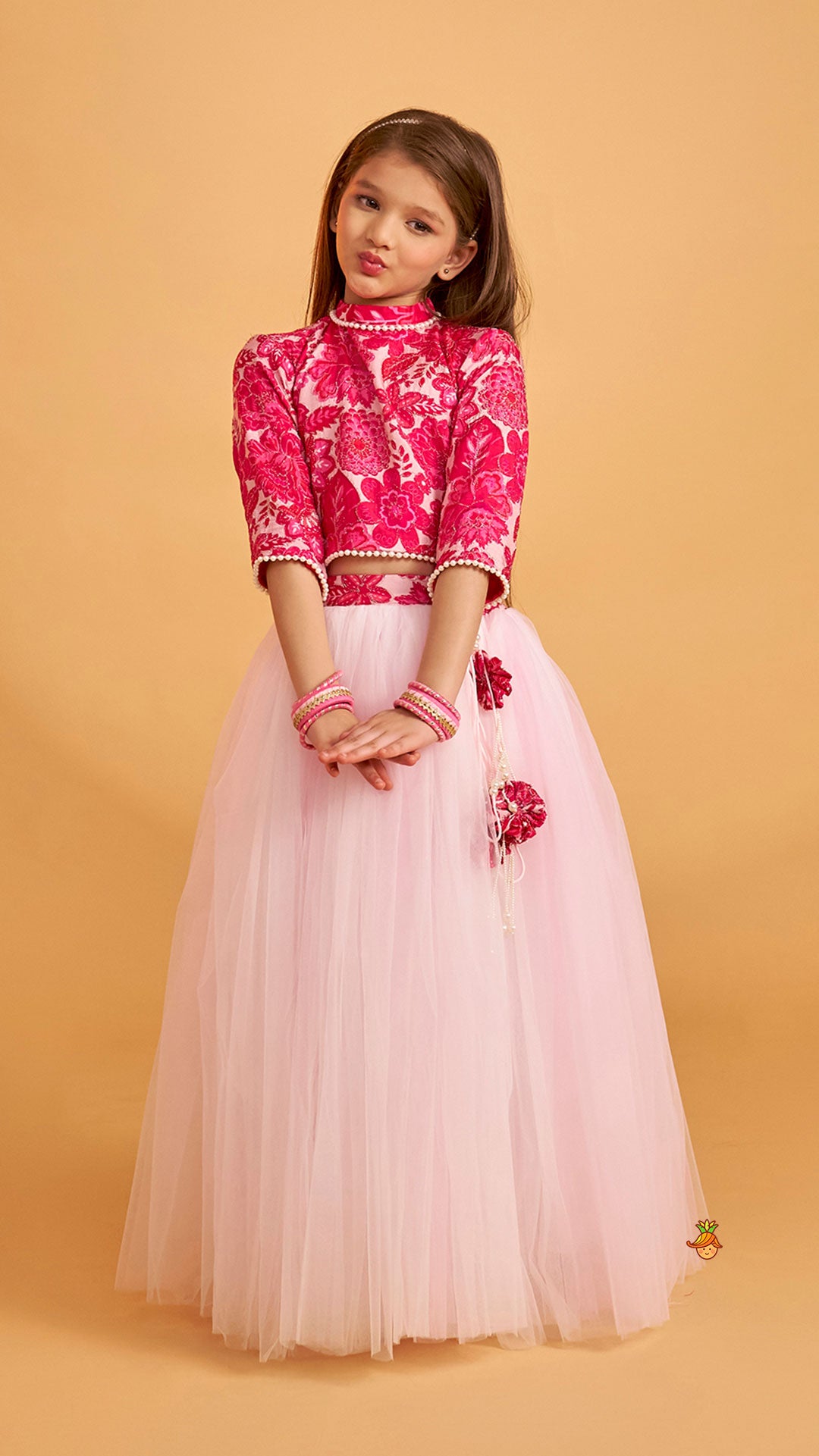 Stand Collar Elegant Top And Floral Tassels Embellished Lehenga