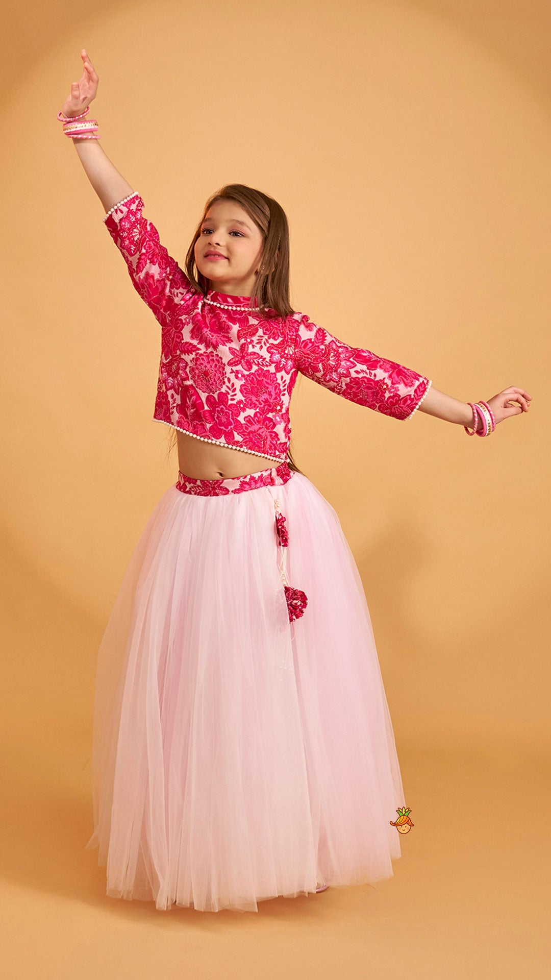 Stand Collar Elegant Top And Floral Tassels Embellished Lehenga