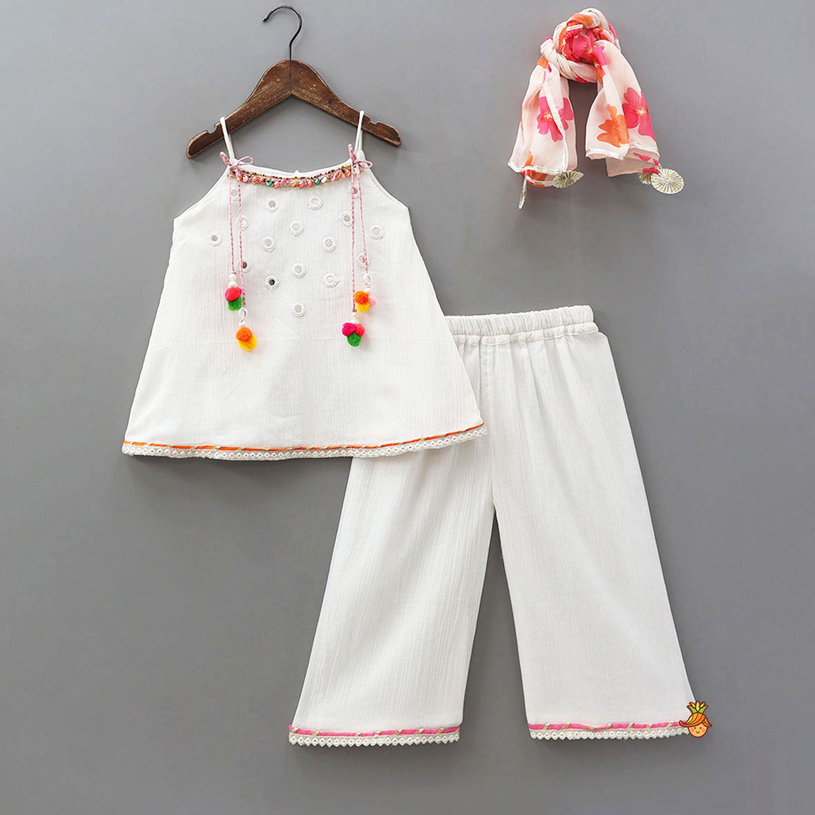 Colourful Pom Pom?Enhanced Top And Palazzo-Style Pant With Contrasting Dupatta