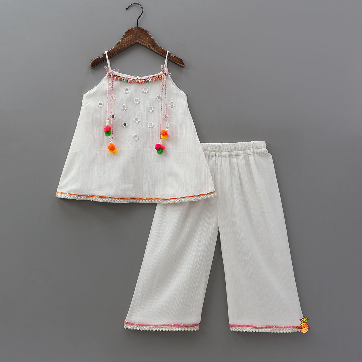 Colourful Pom Pom?Enhanced Top And Palazzo-Style Pant With Contrasting Dupatta