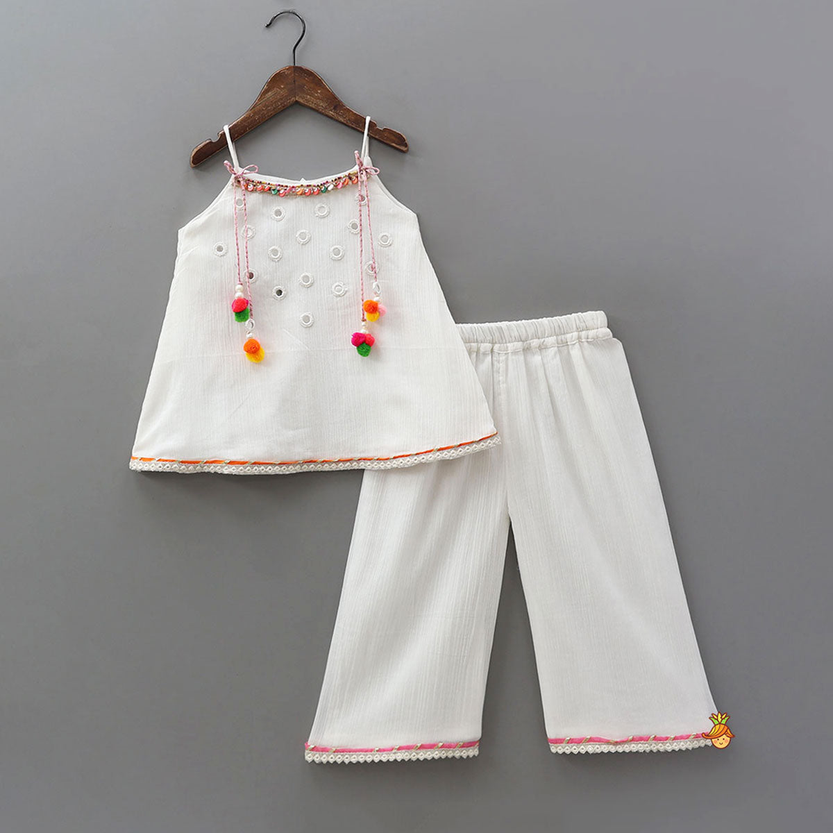Colourful Pom Pom?Enhanced Top And Palazzo-Style Pant With Contrasting Dupatta