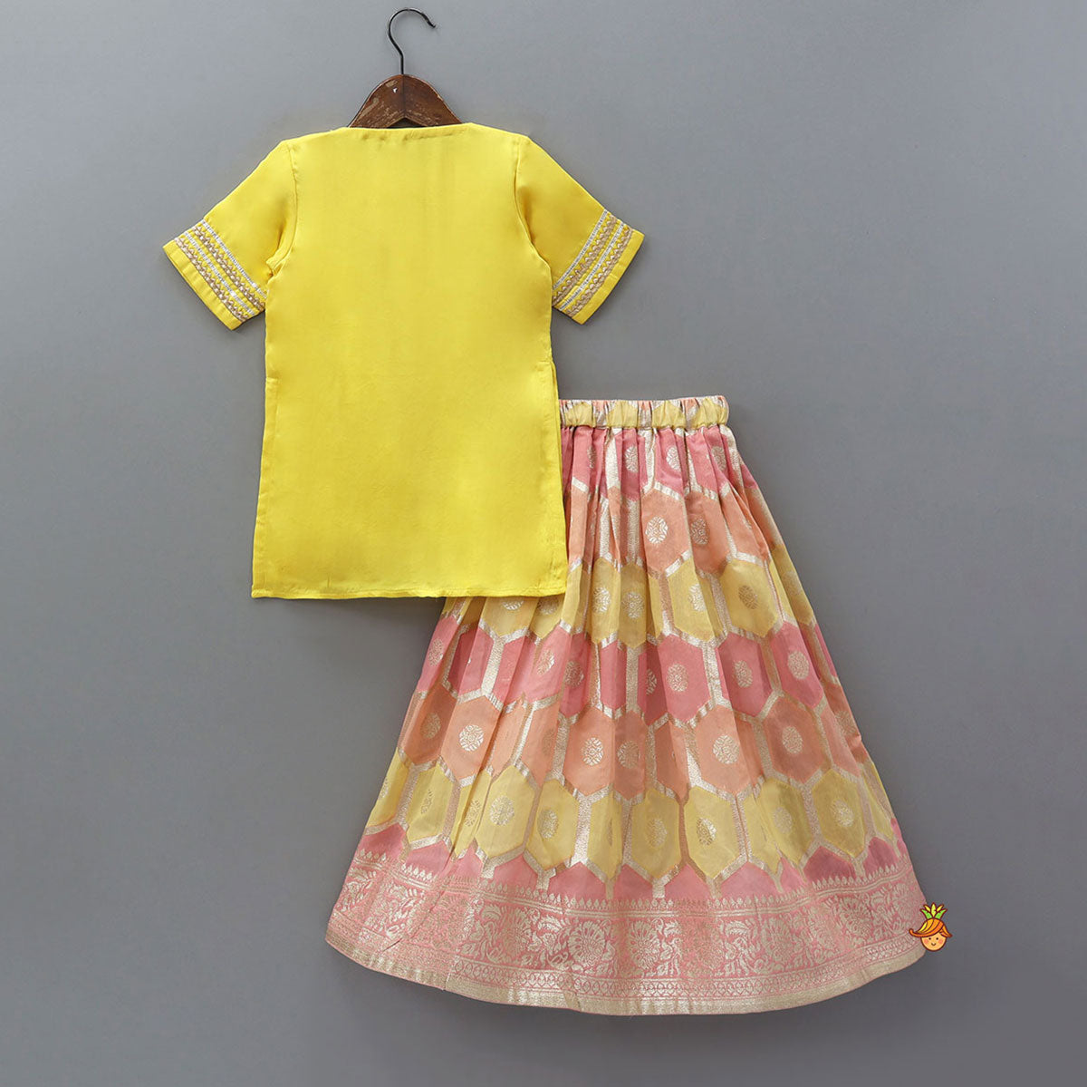 Gota Lace Detailed Yoke Kurti And Brocade Lehenga With Net Dupatta