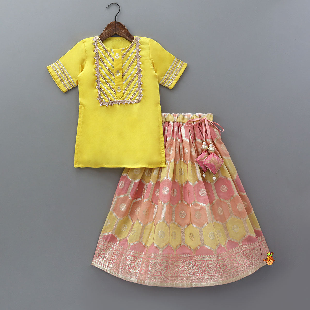 Gota Lace Detailed Yoke Kurti And Brocade Lehenga With Net Dupatta