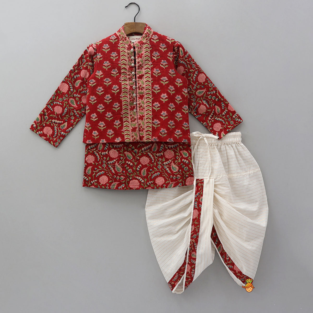 Ethnic Kurta With Loop Buttons Detail Jacket And Dhoti