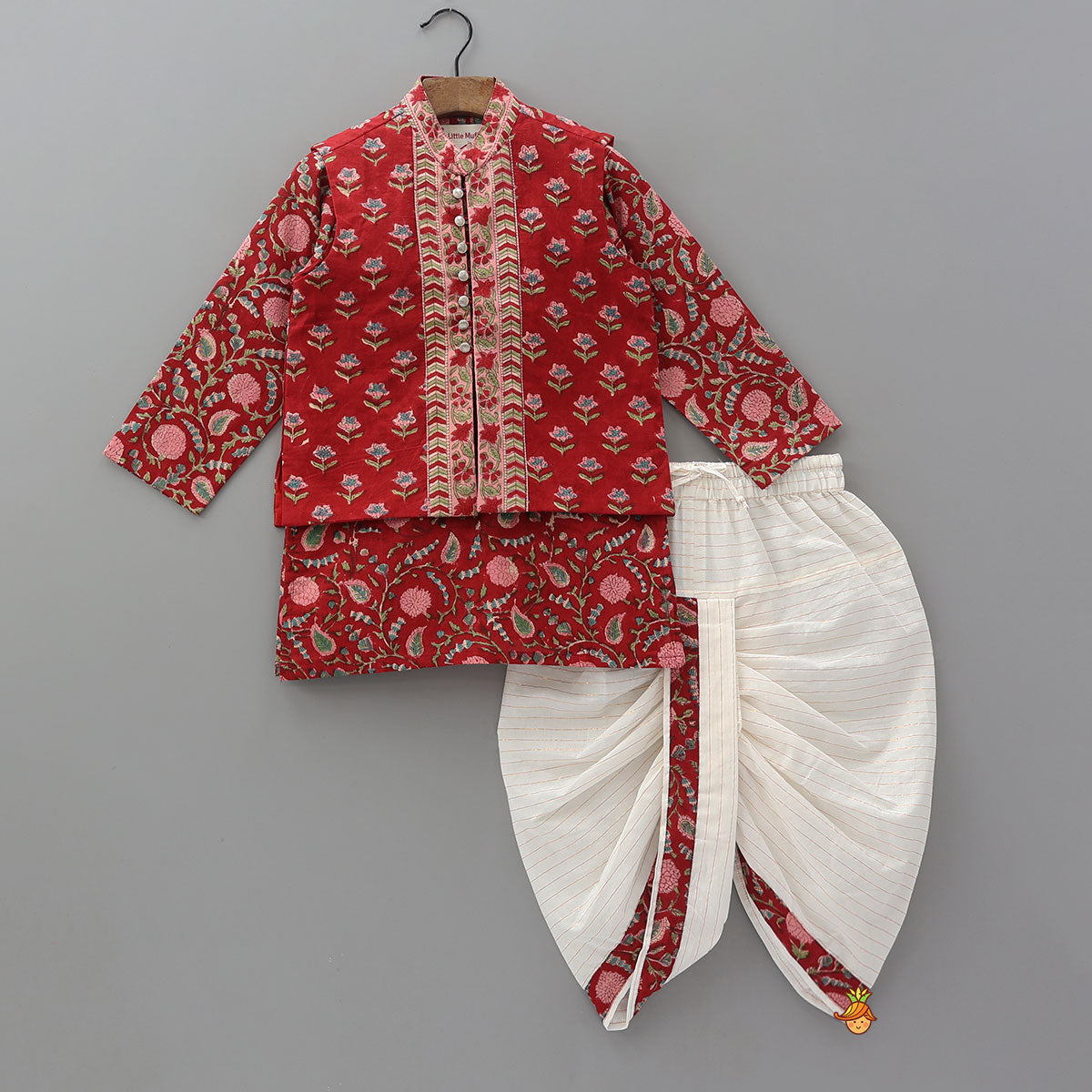Ethnic Kurta With Loop Buttons Detail Jacket And Dhoti