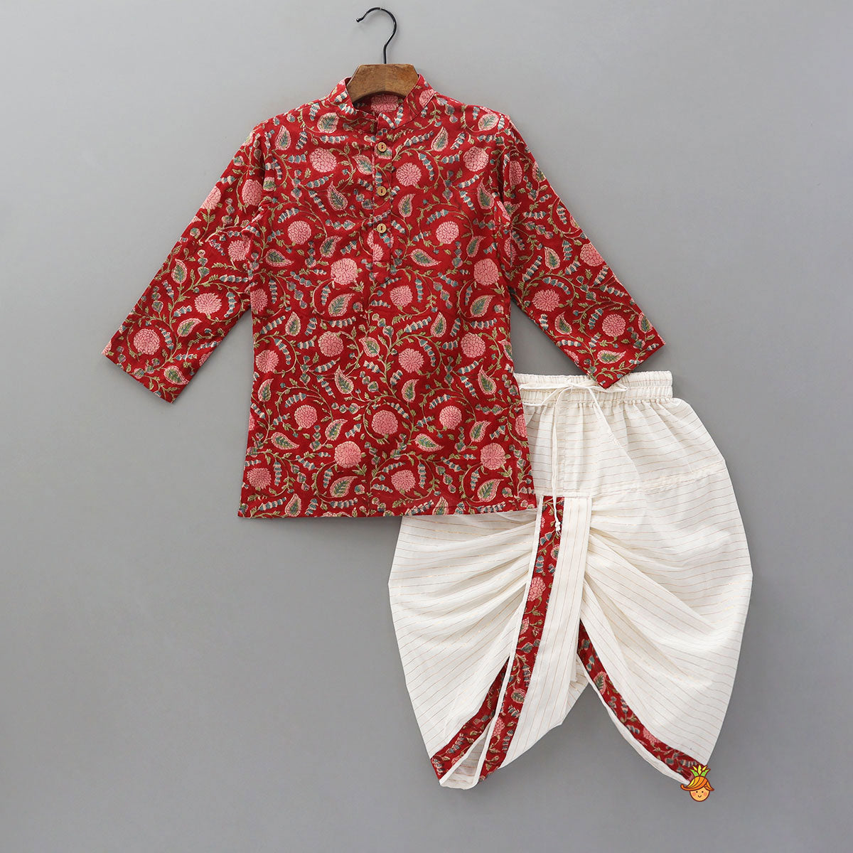 Ethnic Kurta With Loop Buttons Detail Jacket And Dhoti