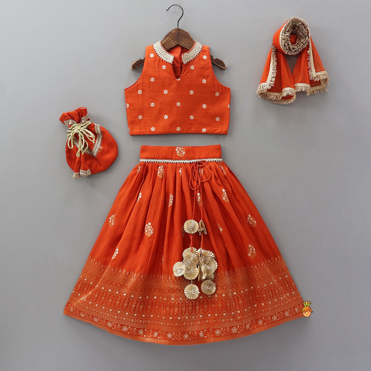 Beautiful Floral Motif Work Top And Lehenga With Matching Dupatta And Potli Bag
