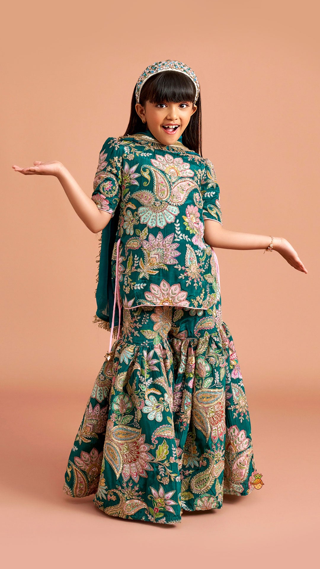 Side-Knot Detailed Elegant Kurti And Sharara With Matching Dupatta