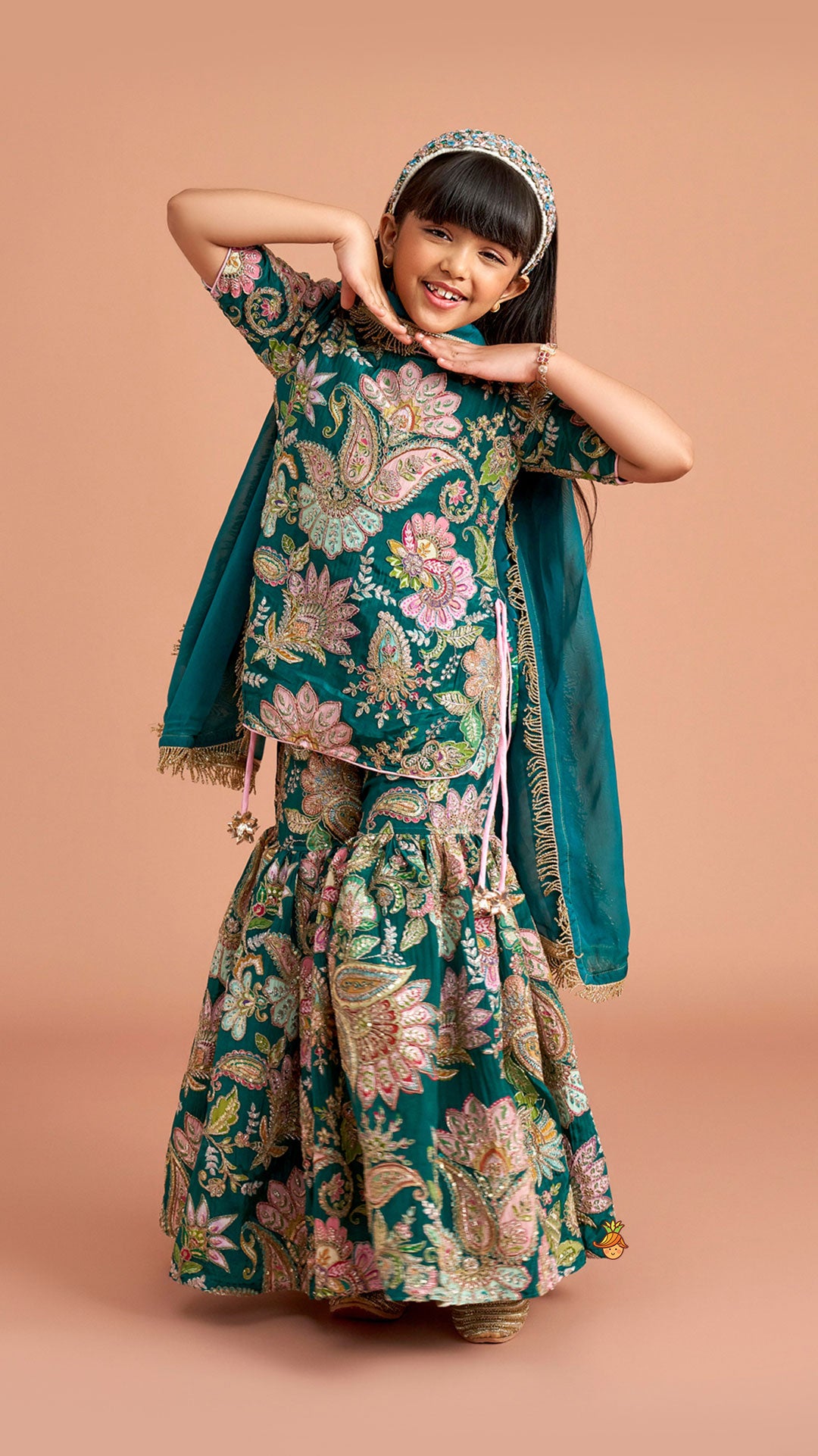 Side-Knot Detailed Elegant Kurti And Sharara With Matching Dupatta