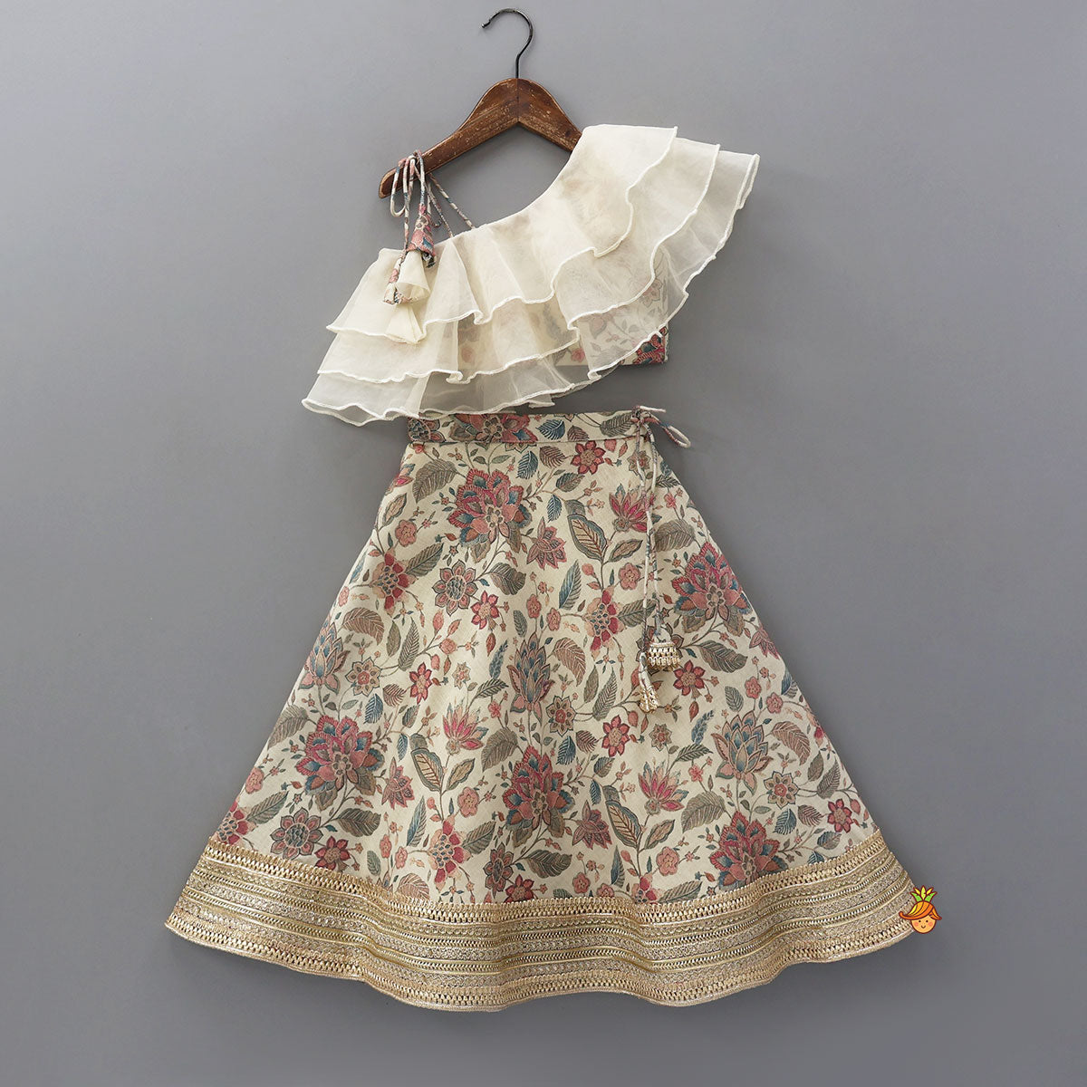 One-Shoulder Organza Layered Top And Lehenga