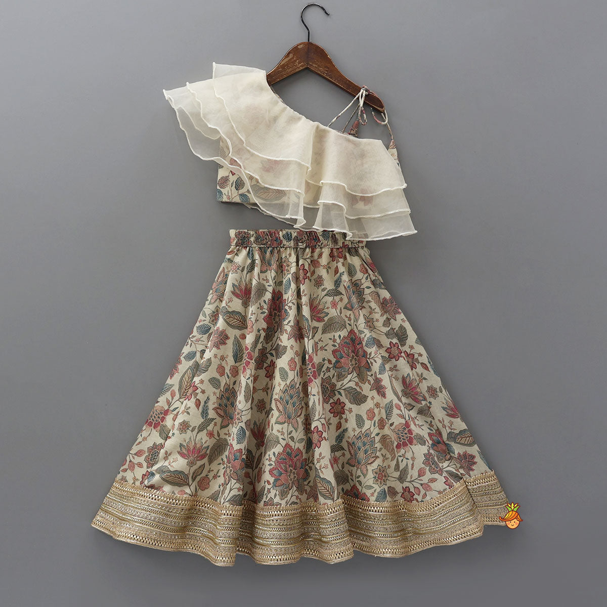 One-Shoulder Organza Layered Top And Lehenga