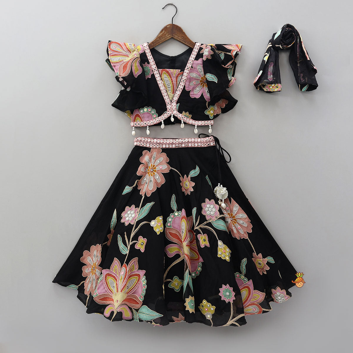 Floral Printed And Embroidered Top With Matching Lehenga And Organza Dupatta