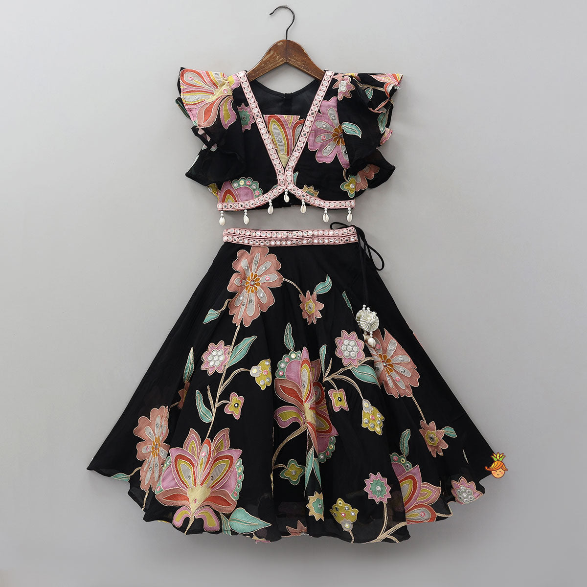 Floral Printed And Embroidered Top With Matching Lehenga And Organza Dupatta