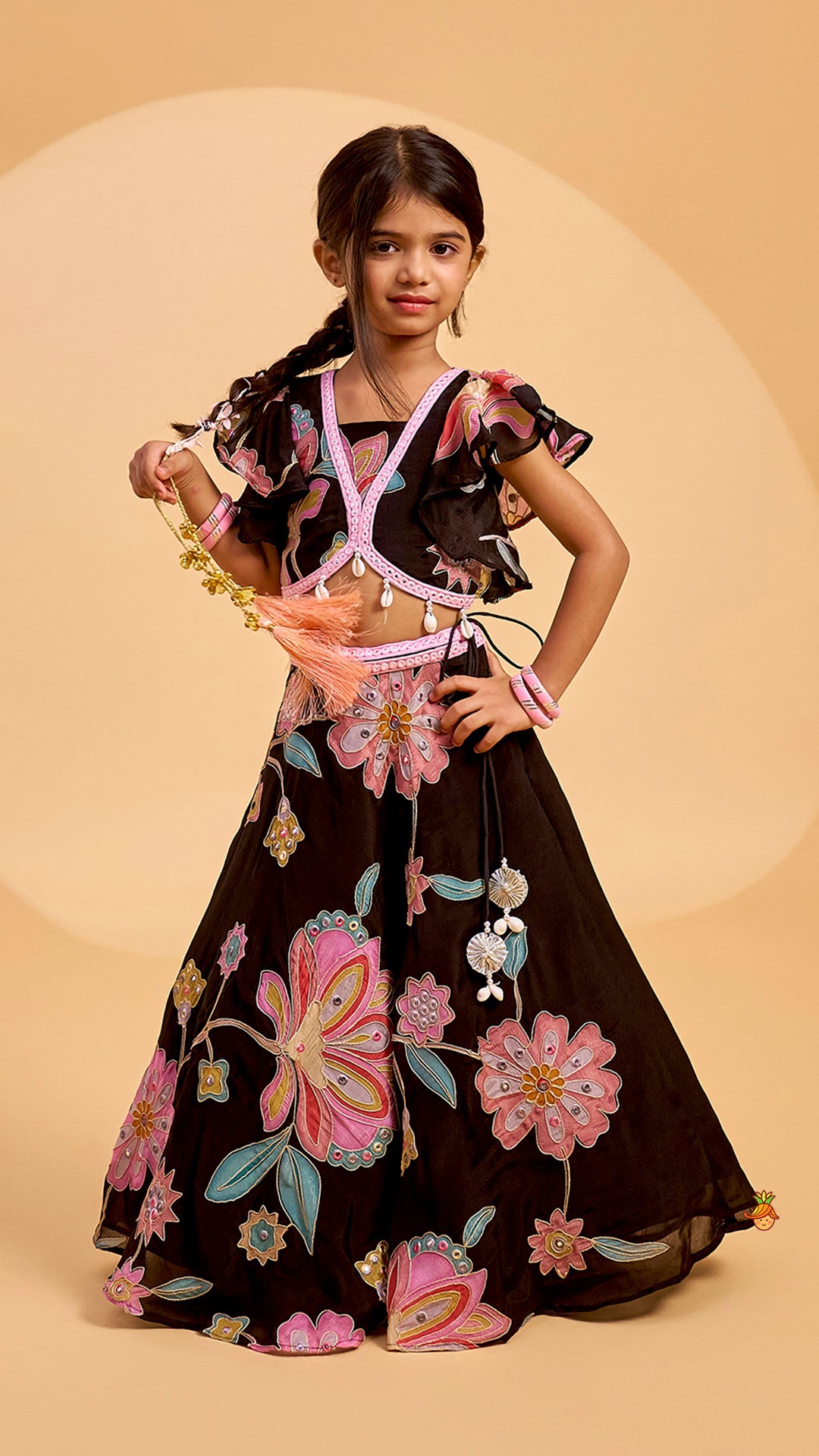 Floral Printed And Embroidered Top With Matching Lehenga And Organza Dupatta