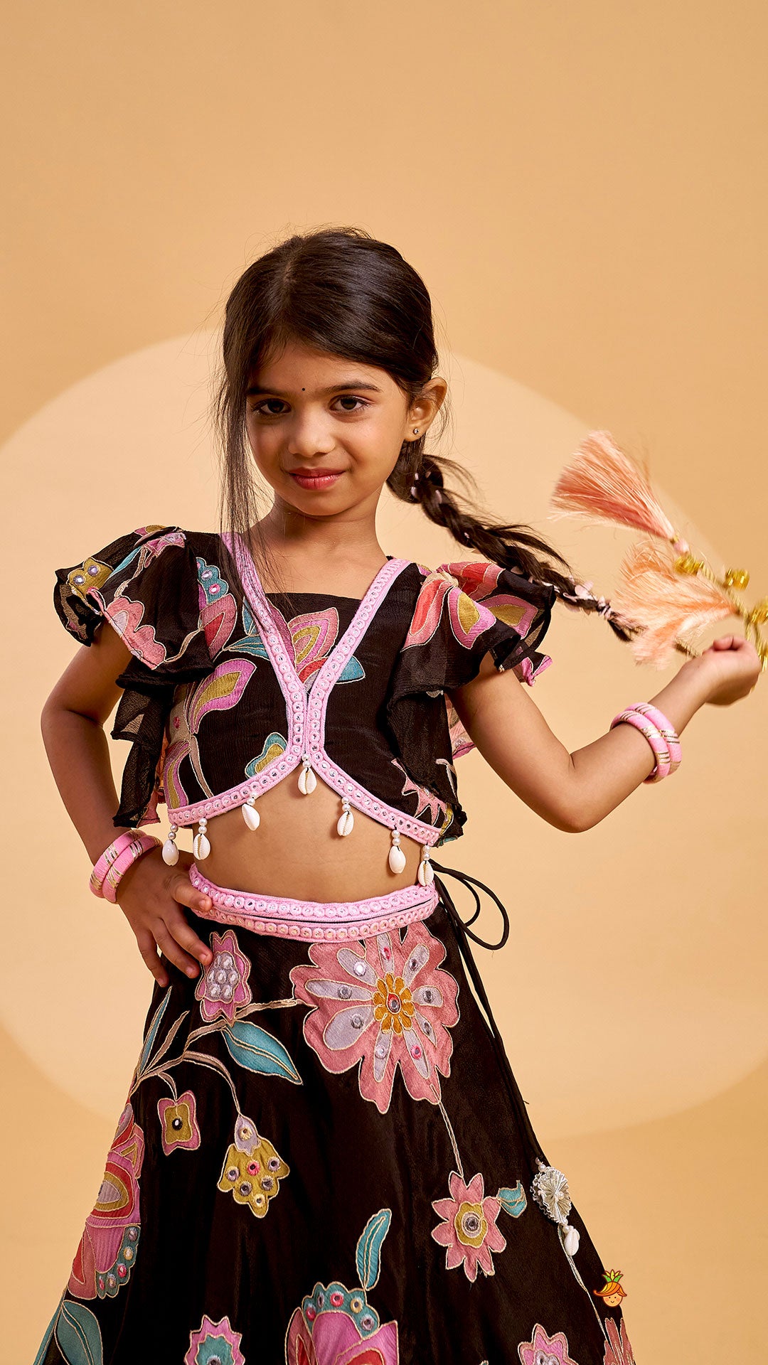 Floral Printed And Embroidered Top With Matching Lehenga And Organza Dupatta
