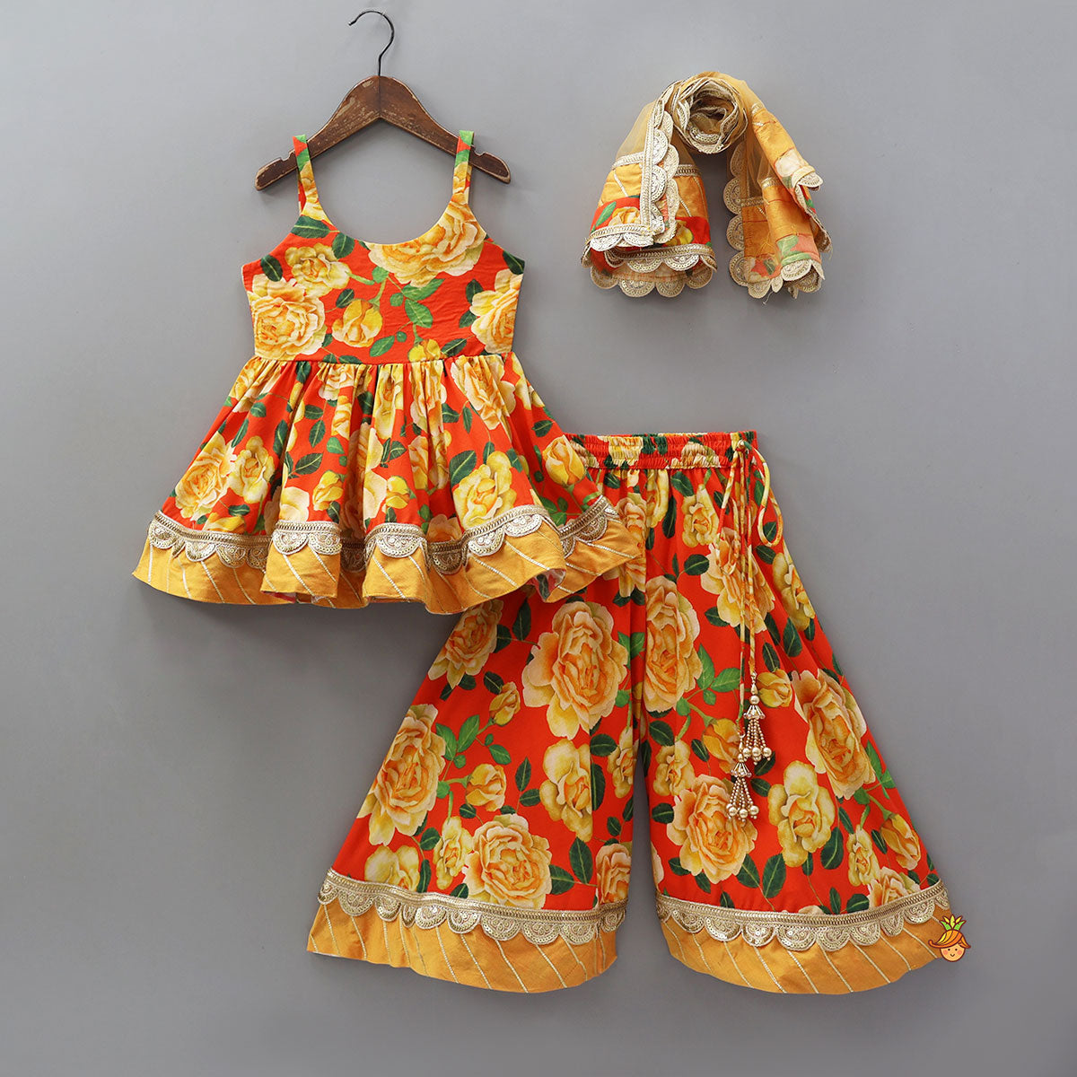 Beautifully Printed Strappy Kurti With Flared Palazzo And Matching Dupatta